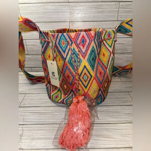 Patterned Crossbody Bucket Bag W/ Tasseled Drawstring